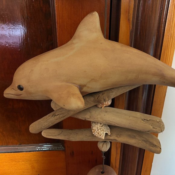 Vintage Hazel Olsen 1989 Handcrafted Dolphin Art Pottery Wood Wind Chime Bell - Picture 2 of 6